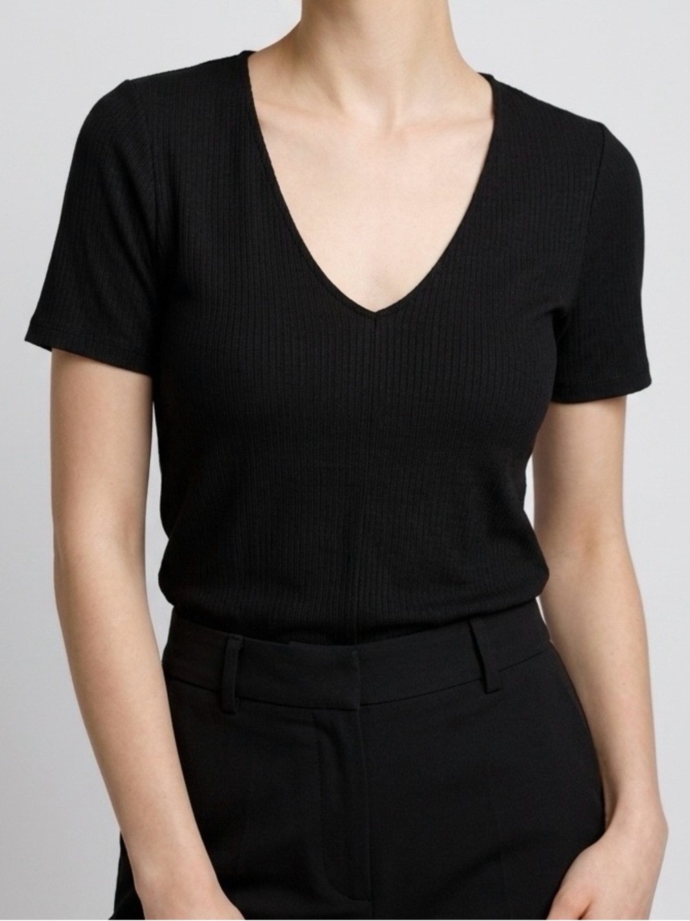 Zara Semi-Sheer Ribbed V-Neck Short Sleeve Top